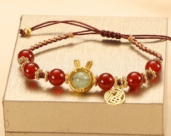 Red Agate Rabbit Charm Bracelet: Handmade Lucky Women's Jewelry