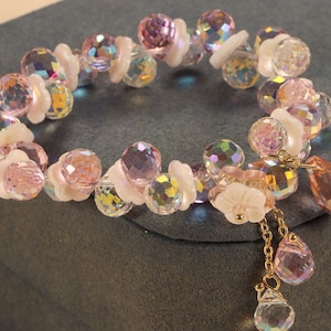 Pink Crystal & Flower Pearl Bracelet ,Crystal Friendship Bracelet Elastic Bracelet