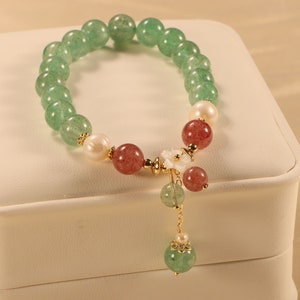 Green Crystal +Pearl Flower Bracelet,Summer Friendship Bracelet,Gift for Her