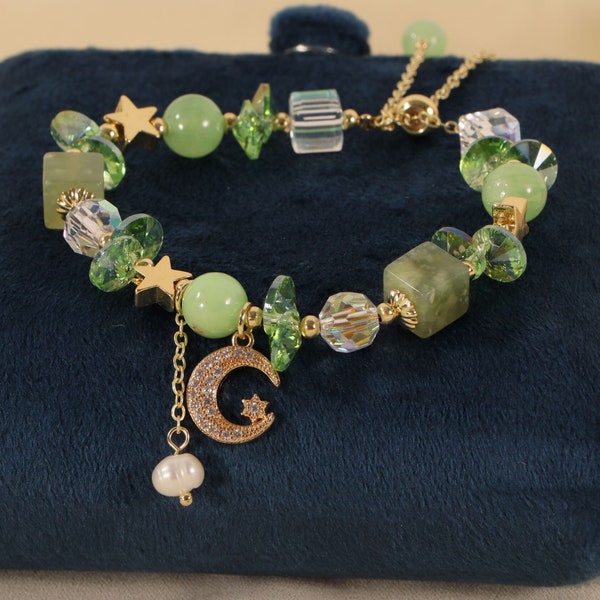 Moon & Star Crystal Beads Bracelet ,Women Adjustable  Bracelet, Gift for Her