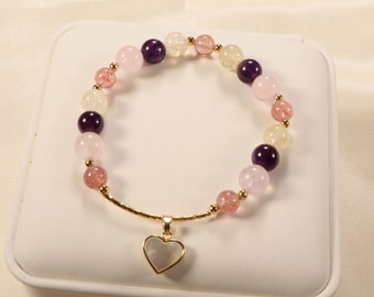 Colorful Gemstone Beads Bracelet with Pearl  Heart,Dainty Girl Bracelet ,Gift for Her