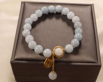 Natural Aquamarine Beaded Bracelet: Minimalist Women's Charm Bracelet