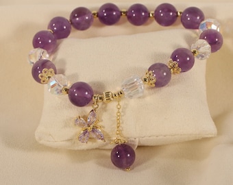 Amethyst Beaded Bracelet with Crystal Butterfly Charm