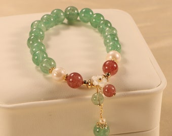 Green Crystal Bracelet: Pearl Flower, Summer Friendship Jewelry
