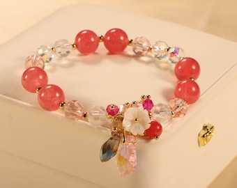 Red Agate Beaded Bracelet with Flower Charm