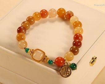Natural Gold Jade +Agate Beaded Bracelet,Chinese Style Gemstone Bracelet,Vintage Jewelry for Her