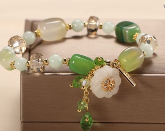 Green Agate & White Jade Bracelet Women Girl  Crystal Bracelet ,Boho Jewelry for Her