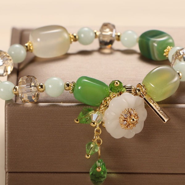 Green Agate & White Jade Bracelet Women Girl  Crystal Bracelet ,Boho Jewelry for Her