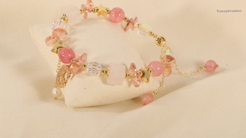 Moon & Star Crystal Beads Bracelet ,Women Adjustable Bracelet Różowy