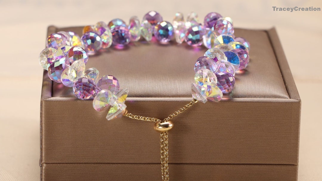 Purple Crystal Beads Bracelet With 18K Gold Chain, Girl Lucky