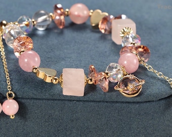 Natural Rose Quartz Bracelet with Planet Pendant ,Sweet  Girl Women Crystal Bracelet Holiday Bracelet