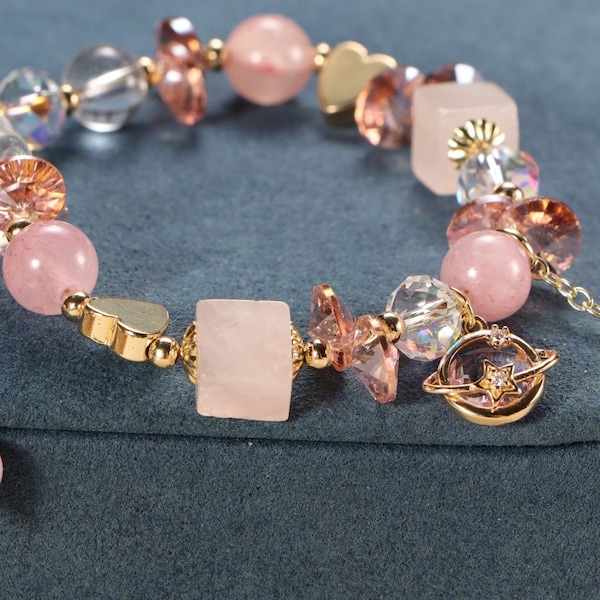 Bracelet en quartz rose naturel avec pendentif planète, bracelet de vacances en cristal pour femmes, fille douce, cadeau pour elle