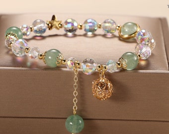 Pulsera de cristal verde delicada, pulsera con amuleto de la suerte para niña, pulsera de amistad con bola de oro de 18 quilates