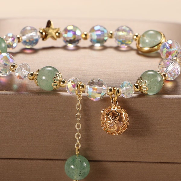 Dainty Green Crystal Bracelet Girl Lucky Charm Bracelet 18K Gold Ball Friendship Bracelet