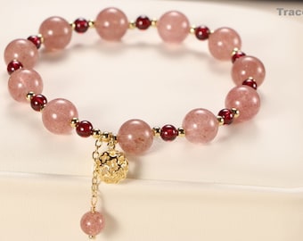 Strawberry Crystal Bracelet: 18K Gold Charm, Friendship Jewelry