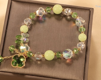 Four Leaf Clover Charm Bracelet: Crystal & Green Jade Lucky Bracelet