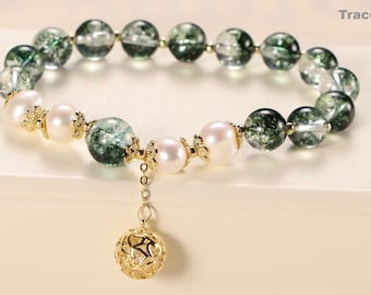 Green Forest & Pearl Bracelet with Gold Round Pendant,Dainty Lucky Friendship Bracelet