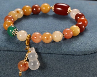 Gold Jade  Bracelet with Gourd Pendant,Colorful Gemstone Beads Bracelet for Men Women
