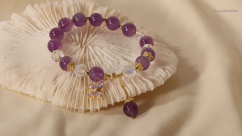 Bracelet en perles de pierres précieuses, papillon améthyste, bracelet femme, bracelet en cristal, bracelet d'amitié, cadeau pour elle image 2