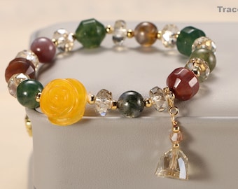 Natural Gemstone Crystal Bracelet Boho Flower Charm Bracelet,Vintage Jewelry for Her