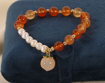 Agate & Pearl Bracelet: Peach Charm Gemstone Bracelet