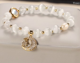 Cat Eye Opal Bracelet with Moon Star Charm: Minimalist Friendship Jewelry
