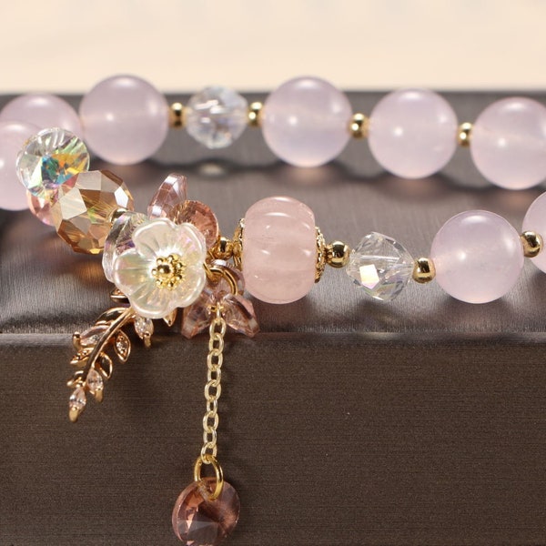 Pink Gemstone Bracelets For Women Camellia Leaves Pendant, New Year Gift, Birthday Gift, Friendship Bracelet