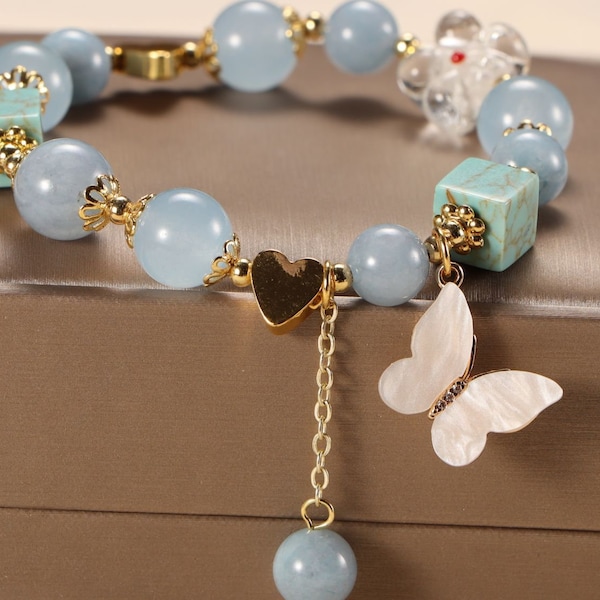 Blue Opal Crystal Bracelet with Butterfly,Dainty Girl Lucky Bracelet Sister Holiday Bracelet