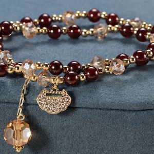 Natural Garnet & Crystal  Stacking Bracelet with Zircon Pendant,Boho Layering Bracelet for Her