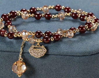 Natural Garnet & Crystal  Stacking Bracelet with Zircon Pendant,Boho Layering Bracelet for Her