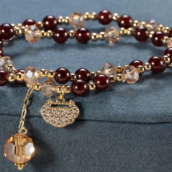 Bracelet superposé en grenat naturel et cristal avec pendentif en zircon, bracelet à superposition bohème pour elle