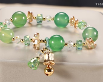 Green Agate Beaded Bracelet with Crystal Bell Charm