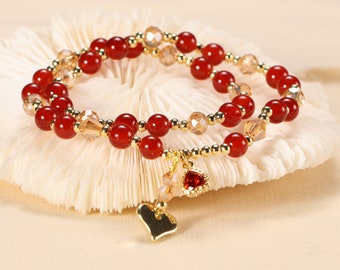 Red Agate Beaded Bracelet with Heart Pendant: Boho Layering Style