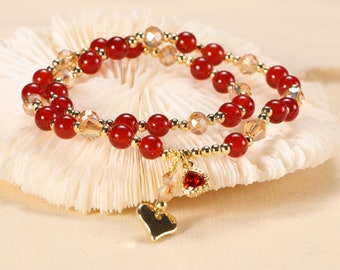 Red Agate Stacking Bracelet with Heart Pendant,Boho Layering Bracelet Friendship Bracelet