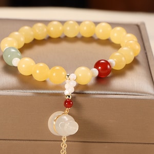 Vintage Yellow Jade Bracelet with White Jade Pendant,Natural Gemstone Bracelet,Gift for Her