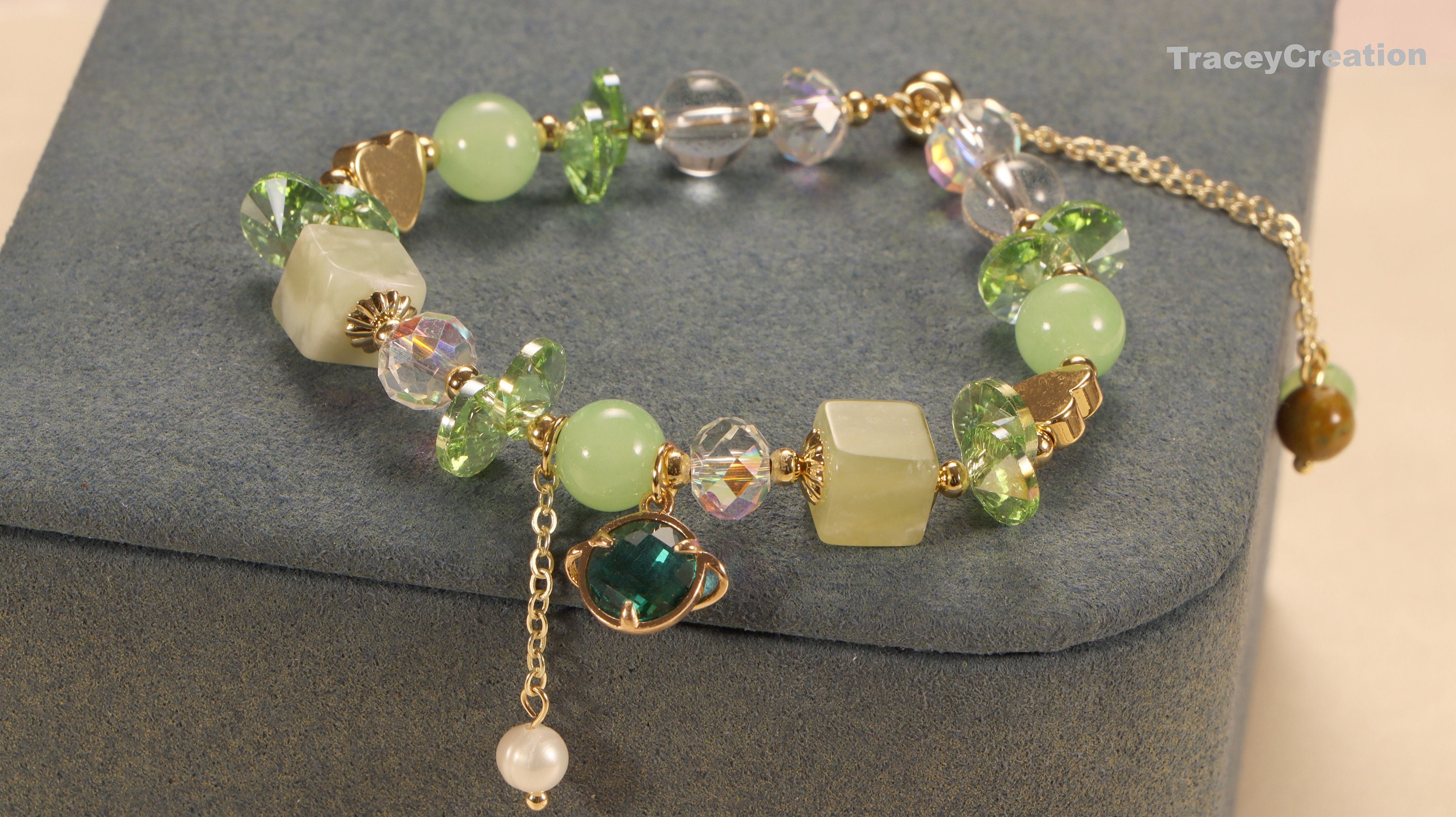 Green Jade Beads Bracelet With Charm,summer Adjustable Bracelet