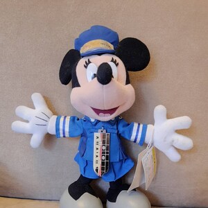 Vintage Disney Japan Minnie Mouse Train Conductor with Train pendant and tags. 11.5 inch Kawaii Collectible.