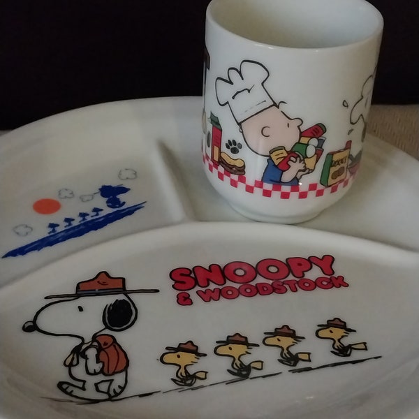 RARE ; Tasse à thé Snoopy de 1958 ; Assiette Snoopy de 1965 ; millésime Nouveau