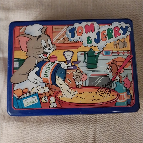 RARE 1989 Tom & Jerry Vintage Blechdose 6 "x 8 "x 2"; Ausgezeichneter Vintage Zustand; Gratis Plüsch!