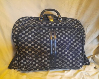 70s Vintage Clothes Garment Suit Dress Bag in Dark Blue with Leather accents and Geometric Pattern. Excellent Conditon.