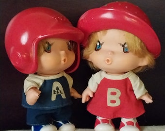 Two Vintage Sekiguchi dolls; Baseball and Strawberry theme; Great Condition