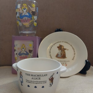 ThREE: 1985 The Macmillian Alice in Wonderland Bowl, Saucer & Kirin Glass; New Vintage