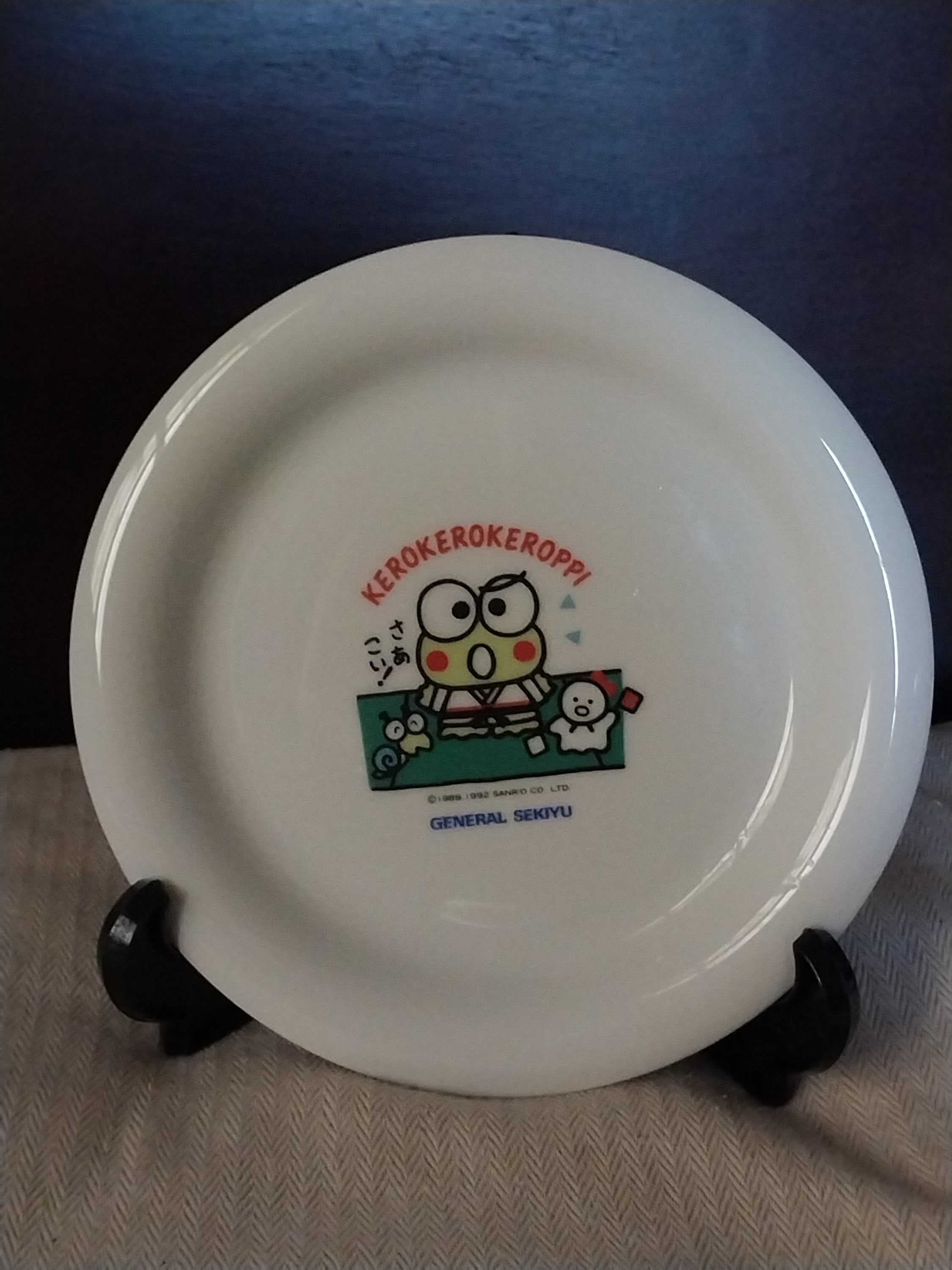 Four: Three 90s Kerokerokeroppi Sanrio Plates + One Tin; New
