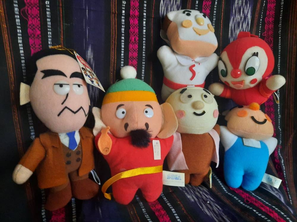 SIX 90s Japan Plushies Lot Dokin-chan, Shokupanman, Mr. Beans S Batako Chii, Downtown Matsu Chan, and one Obscure Character. Good Condition