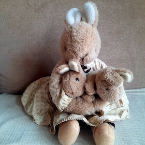 Two for One: 1980s Vintage Mommy Bunny with Two Baby Bunnies - 9.5&quot; sitting; Good, Vintage Condition.