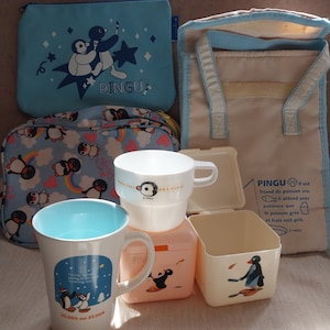 Pingu Set: Mr Donut Pingu Lunch Bag; toiletries and bag; Mug, Cup and Containers