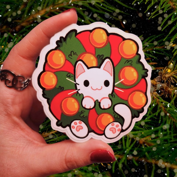 Cat in a Christmas Wreath Vinyl Sticker // Water Bottle Sticker, Waterproof Sticker, Laptop Sticker, Christmas Gift