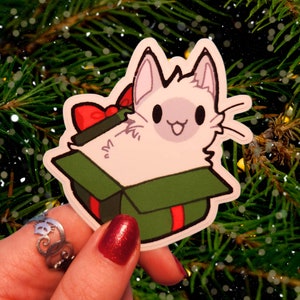 Cat in a Christmas Present Box Vinyl Sticker // Water Bottle Sticker, Waterproof Sticker, Laptop Sticker, Christmas Gift