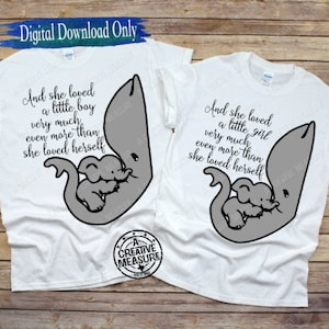May include: Two white t-shirts with a gray elephant graphic and text that reads "And she loved a little boy very much even more than she loved herself" and "And she loved a little girl very much even more than she loved herself".