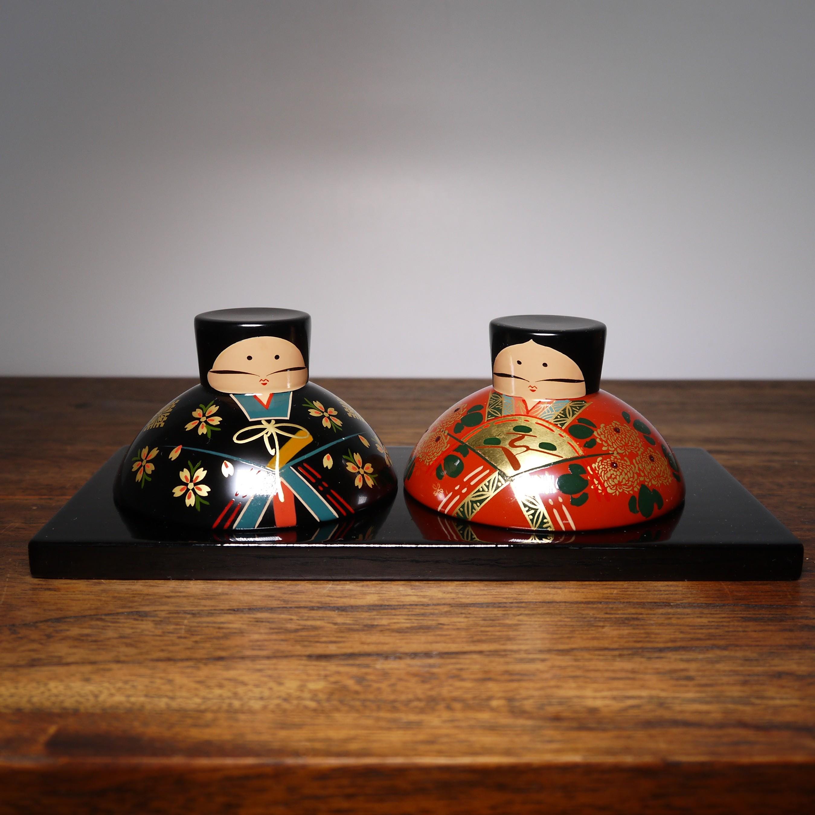 ヴィンテージ 大内塗 酒器 (5 cm/1.97インチ) - 雛人形用ペア、箱付き